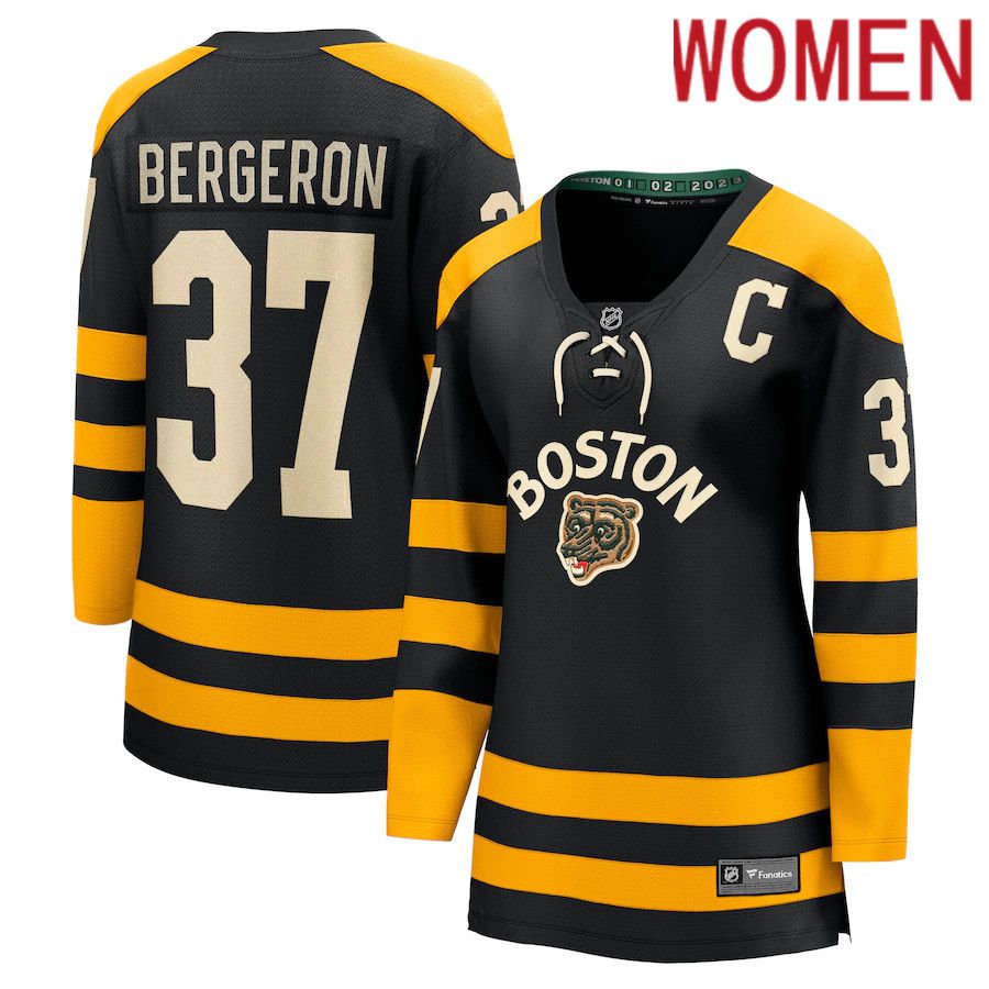 Women Boston Bruins 37 Patrice Bergeron Fanatics Branded Black 2023 Winter Classic Player NHL Jersey